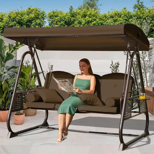 Miniatura 31 de Columpio de porche para exteriores 3 en 1 con toldo ajustable, columpio de 3 asientos para adultos, columpio de patio con cojines gruesos, almohadas