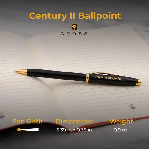 Miniatura 5 de Bolígrafo Cross Century II, laca negra con borde dorado, grabado personalizado, regalo de graduación, jubilación, promoción o reconocimiento