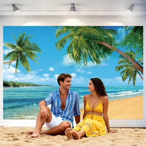 Miniatura 6 de Fondo de playa Hawaii Ocean Wall Banner de fondo de fotografía junto al mar para el hogar al aire libre, fiesta de cumpleaños, suministros