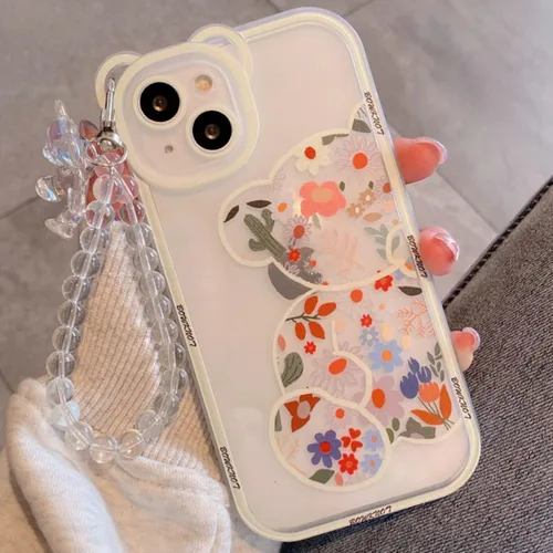 Miniatura 7 de Funda compatible con iPhone 8 Plus, bonito protector de cámara con diseño de oso de flores transparentes con bonita correa y cadena para niñas