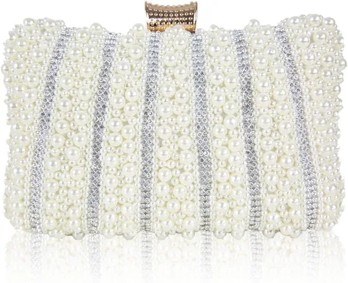 BESTYROCLY Bolsos de mano blancos para mujer bolso de noche con perlas para novia boda fiesta Blanco