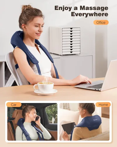 Miniatura 8 de Masajeador de cuello y hombros con calor, masajeador inalámbrico de espalda y cuello para aliviar el dolor, calentamiento de grafeno mejorado, Azul