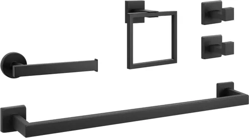 NearMoon Juego de 5 piezas de accesorios de baño de acero inoxidable 304, kit de toallero cuadrado - Barra de toalla de 24 pulgadas + anillo de