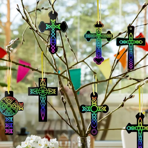 Miniatura 6 de Chivao 80 piezas de adornos de cruz para rascar, kit de manualidades de color arcoíris, papel de arte para rascar, regalos cristianos, kits