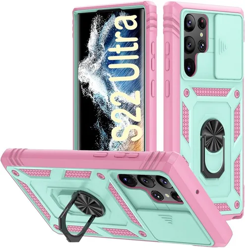 Miniatura 102 de PASNEW Funda para Samsung Galaxy S22 Ultra 5G, cubierta de cámara deslizante y soporte de dedo de metal giratorio de 360°, militar, resistente, a