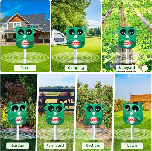 Miniatura 7 de Repelente solar ultrasónico de animales para exteriores, repelente de ciervos con detección de movimiento, luces intermitentes, repelente de gatos
