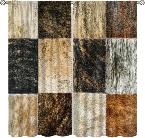 Cortinas de cuero vacuno, cortinas vintage de animales de granja, textura de vaca manchada rústica, patrón de juntas divididas, cortinas de
