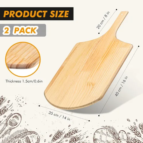 Miniatura 2 de Bokon Paquete de 2 palas de madera para pizza, 16 x 14 pulgadas, juego de paletas de pizza grandes con mango de madera de 8 pulgadas para horno