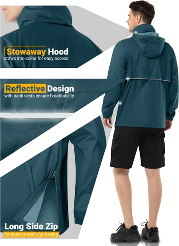 Miniatura 10 de Outdoor Ventures Chaqueta de lluvia para hombre, impermeable, ligera, plegable, para senderismo, golf, correr