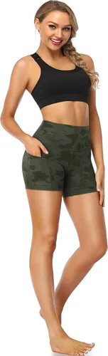 Miniatura 6 de Oalka Pantalones cortos de yoga para mujer, con bolsillos laterales, cintura alta, para entrenamiento, correr, deportes, 4 pulgadas