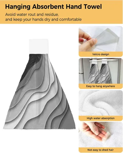 Miniatura 2 de Toallas de cocina con lazo para colgar, toallas de mano abstractas onduladas de color gris degradado, suaves, absorbentes, para baño, bar, hogar
