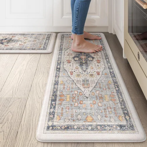 Miniatura 17 de Collive Alfombras y Tapetes Boho para Cocina 2 PIEZAS Alfombra Antifatiga Acolchada, Juego de 2 Alfombras de Cocina Impermeables Antideslizantes