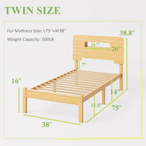 Miniatura 2 de ZIYOO Marco de cama de madera de bambú maciza tamaño individual con cabecera de almacenamiento, marco de cama plataforma de 14 pulgadas