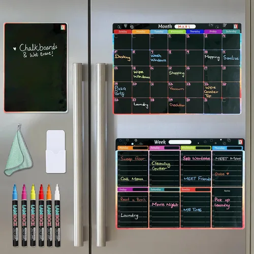 Juego de 3 pizarras de borrado en seco para refrigerador, 1 calendario mensual de borrado en seco, 1 calendario semanal de pizarra magnética,
