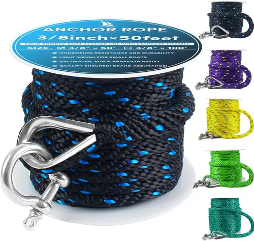 Miniatura 20 de Cuerda de anclaje premium de 100 pies x 3/8 pulgadas, cuerda marina de línea de anclaje MFP trenzada sólida con dedal y grillete, color negro