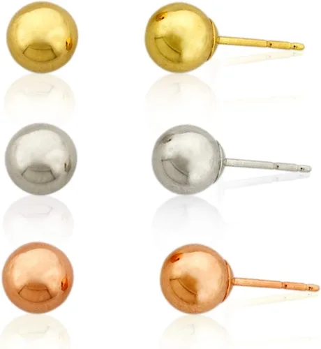 AVORA - Juego de 3 pares de pendientes de bola pulidos de tres colores de oro amarillo, blanco y rosa, 10 K y 14 K
