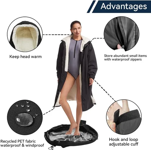 Miniatura 4 de Oksun Waterproof Swim Parka, Windproof Surf Poncho Warm Coat, Recycled Fabric Water Resistent Oversized Sherpa Lining Jacket