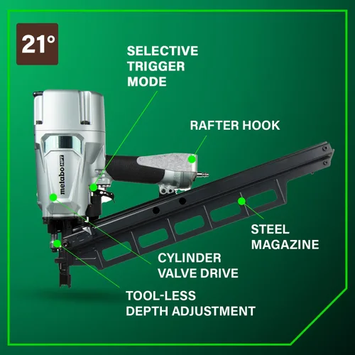 Miniatura 3 de Clavodora estructural Metabo HPT, clavadora neumática de potencia preferida por profesionales y herramienta de marco para pisos, cubiertas de techo