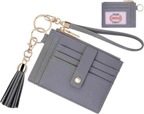 Miniatura 8 de Estuche Delgado para Tarjetas RFID para Mujer con Correa de Muñeca, Cartera con Cremallera para ID, Cartera de Cuero Pequeña, Monedero con Llavero