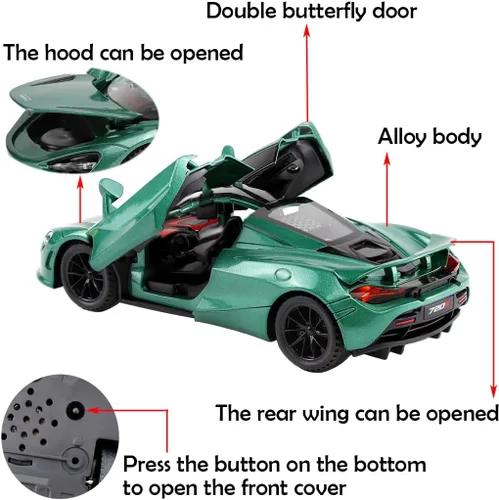 Miniatura 2 de Aleación coleccionable verde 720s modelo de coche de juguete tire hacia atrás vehículo DieCast con luces y sonido