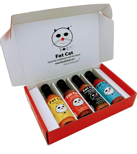Fat Cat Gourmet - Caja de regalo de salsa picante natural con nombre de gato divertido y set de regalo | Peri-Peri | Fantasma | Scorpion | Carolina