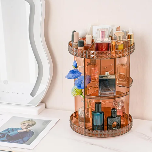 Miniatura 3 de V-HANVER Organizador de maquillaje giratorio de 360 grados Organizador de perfume Caja de exhibición de almacenamiento de cosméticos de gran Café