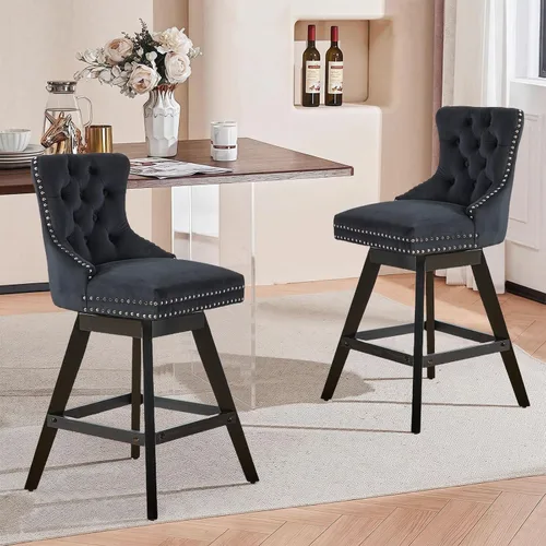 Miniatura 20 de SoarFlash Juego de 2 taburetes de bar tapizados de terciopelo moderno con patas de madera, botones acolchados, cabeza de clavo cromada, asiento