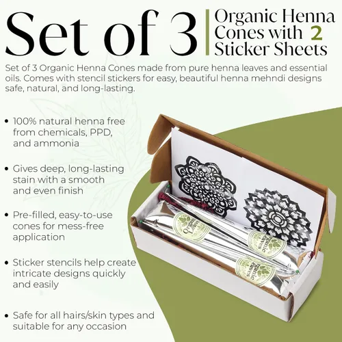 Miniatura 2 de Conos de henna 3 × 30 g Paquete Hechos de hojas de henna 100% naturales Conos prellenos listos para usar Filtrados en 5 etapas para un