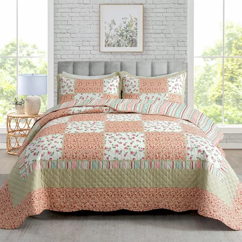 Miniatura 8 de Travan Juego de Edredón de 3 Piezas Tamaño King Colcha Acolchada Ligera Juego de Cubrecama Reversible con Estampado Floral Juego de Ropa de Cama