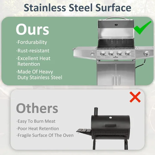 Miniatura 7 de Polar Aurora Parrilla de gas propano 4 quemadores con quemador lateral, carrito de parrilla de acero inoxidable con ruedas para patio al aire libre