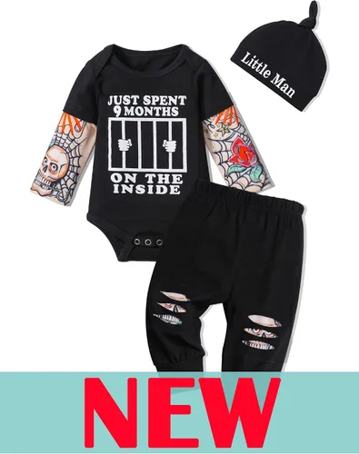 Miniatura 7 de Conjunto de 3 piezas de ropa para bebé y niño, manga de tatuaje, mameluco divertido y pantalones