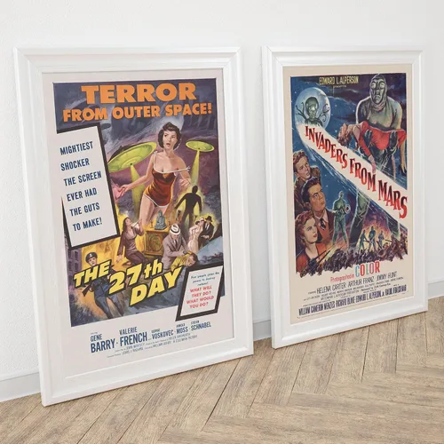 Miniatura 3 de Conjunto de cinco anuncios de películas de ciencia ficción c. 1950 Póster impreso de arte vintage Planeta prohibido, OVNI invasores de Marte