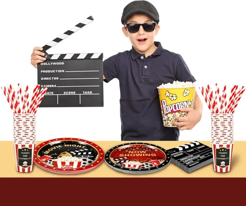Miniatura 5 de Recheel Suministros para fiesta temática de película, decoración para cumpleaños con platos y servilletas de papel con tazas y pajitas para 24 Movie
