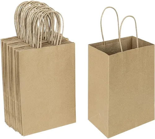 Oikss Paquete de 50 bolsas de regalo pequeñas de 5.25 x 3.25 x 8.25 pulgadas, color marrón con asas, a granel para fiestas de cumpleaños,
