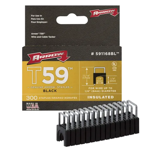 Miniatura 2 de Arrow 591168 - Grapas aisladas de acero T59 genuino de 1/4 pulgadas por 1/4 de ancho de corona para cable y cableado, negro, 300