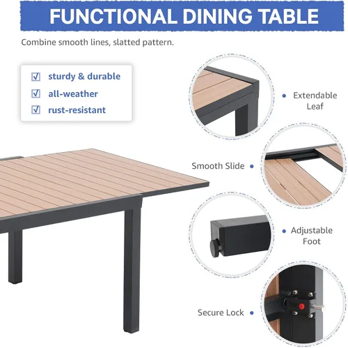 Miniatura 5 de Soleil Jardin Mesa de Comedor Extensible de Aluminio para Patio, 63" - 105", Mesa Rectangular Ajustable para Interiores y Exteriores con Superficie