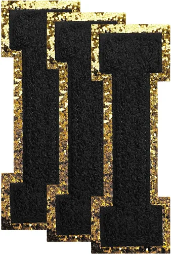 Miniatura 143 de 3 parches de números de chenilla negra, tamaño grande de 4-1/2" parches de números para planchar, parches universitarios para ropa, 8" Borde oro rosa