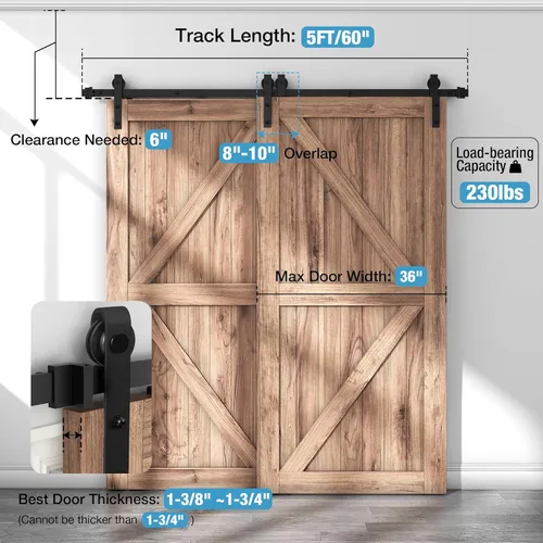 Miniatura 2 de ZEKOO Kit de Herrajes para Puerta de Granero Bypass de 5 Pies, Riel Único, Uso para Puertas de Madera Dobles, Rodillo de Riel Plano, Techo Bajo