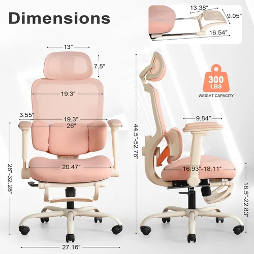 Miniatura 3 de Silla de oficina ergonómica con brazos abatibles y reposapiés 4D, silla de escritorio de malla para juegos con reposacabezas 3D y soporte lumbar