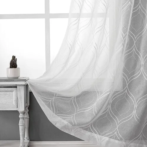 Miniatura 38 de VISIONTEX Cortinas traslúcidas blancas de 63 pulgadas de largo, juego de 2 paneles de bordado marroquí con puntos beige, tela de gasa bordada