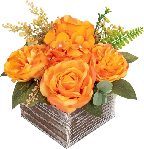 Miniatura 12 de DILATATA Arreglo floral con jarrón de madera, flores artificiales de 10 pulgadas en maceta, flores falsas en jarrón rectangular de madera blanco