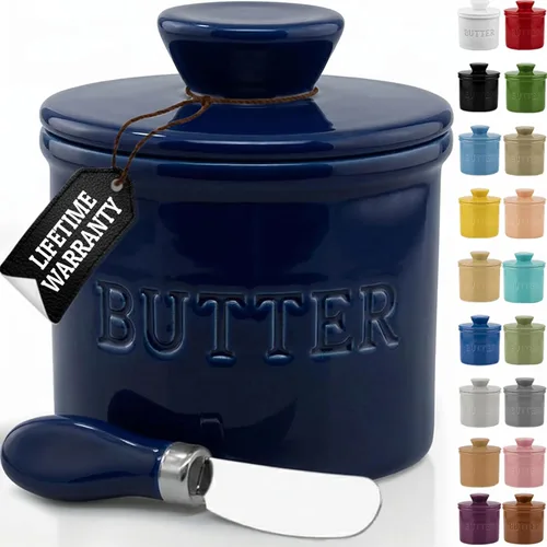Miniatura 32 de PriorityChef - Mantequera con tapa con línea de agua, plato de mantequilla francesa de cerámica para dejar en la encimera, color caqui