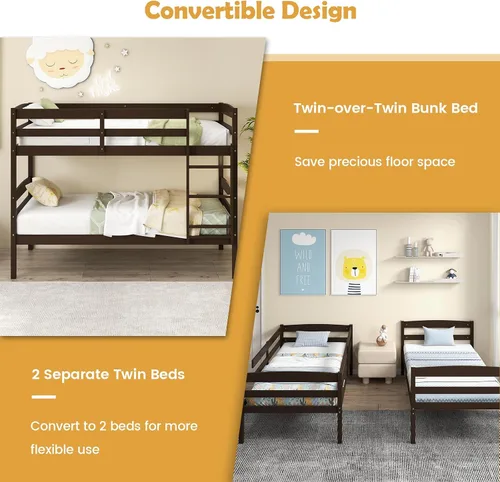 Miniatura 6 de KOMFOTT - Litera con tamaño doble sobre dos individuales, estructura de litera de madera con barandilla de longitud completa y escalera integrada