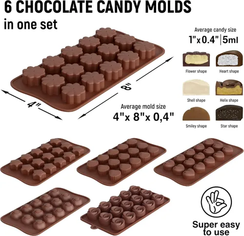Miniatura 4 de Moldes de silicona para chocolate – Juego de 6 – Moldes antiadherentes y de grado alimenticio para caramelos de gelatina, trufas, derretidos de baño