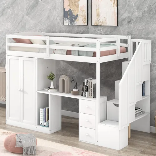Miniatura 11 de Quarte Cama tipo loft única con cajones de almacenamiento y escaleras, cama alta de madera tamaño individual con estantes y barandillas, para niños