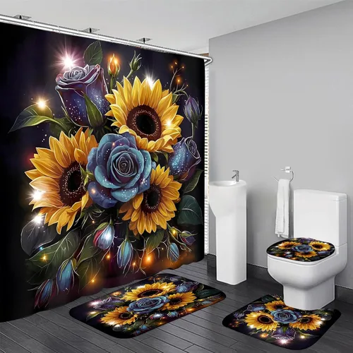 Miniatura 11 de AZHM Juego de 4 cortinas de ducha de girasol con alfombras You are My Sunshine, juego de cortinas de baño con 12 ganchos