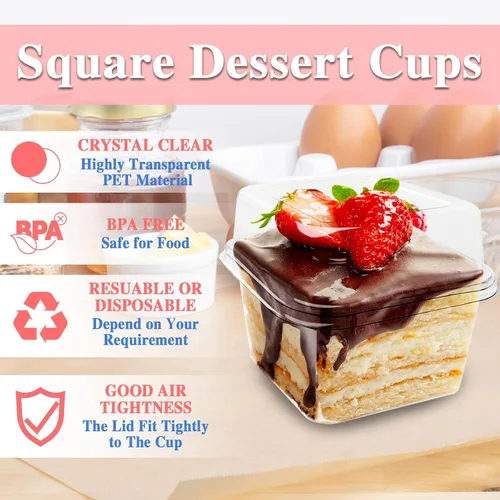 Miniatura 3 de Alaeseje Paquete de 60 tazas de plástico de postre de 8 onzas con tapas y cucharas, recipientes cuadrados para parfait desechables con tapa