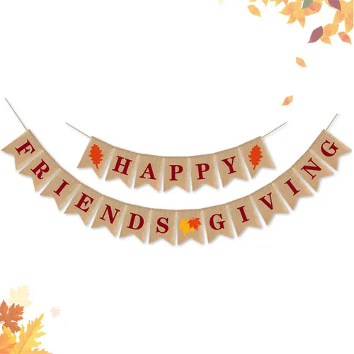 Cartel de arpillera con texto en inglés «Happy Friendsgiving» para decoración de fiesta, otoño, hojas de arce, rústico, cosecha, para repisa,