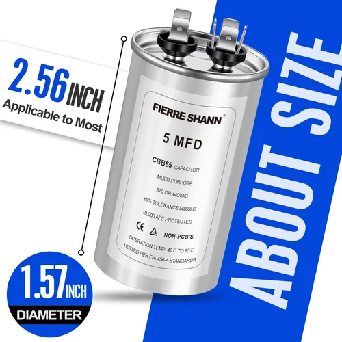 Miniatura 2 de Condensador de 5 uF/MFD para CA, 370 o 440 VCA CBB65 Condensadores redondos de funcionamiento dual para motor de CA, arranque de ventilador