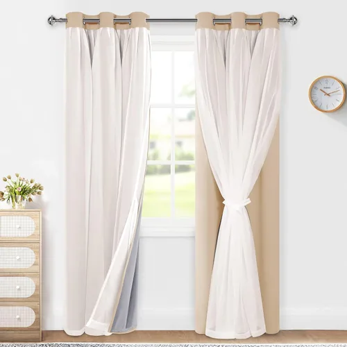 Miniatura 36 de XWZO Cortinas 100% opacas de doble capa para guardería, cortinas opacas con superposición transparente para dormitorio de niñas, cortinas